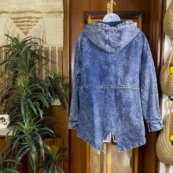 Vintage 90s Hooded Denim Jacket M/L | Stonewash Snap Front Festival Jacket Layer - Picture 3 of 16